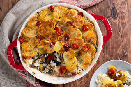 Baarse Tiella (rijst aardappelen en mosselen)