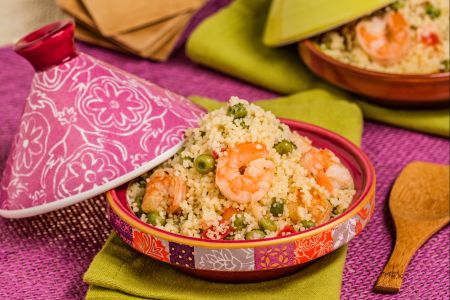 Couscous met doperwten en garnalen