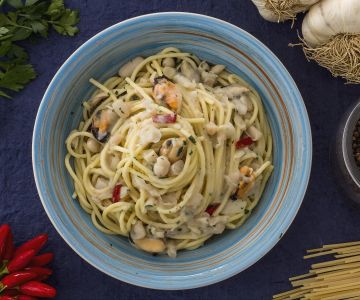 Spaghetti met bonen en mosselen