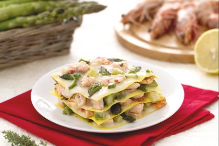 Lasagne met zalm, garnalen en asperges