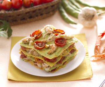 Lasagne met garnalen, kerstomaatjes en tuinbonenpesto