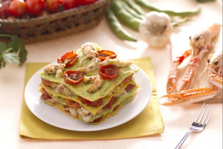 Lasagne met garnalen, kerstomaatjes en tuinbonenpesto