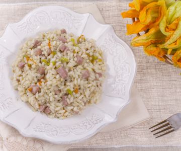 Bier Risotto met Mortadella en Courgette Bloemen