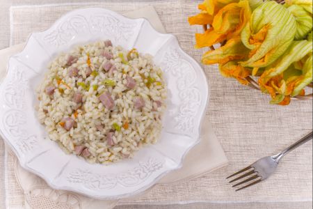 Bier Risotto met Mortadella en Courgette Bloemen