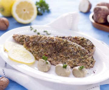 Zwaardvis in korst met aardpeerpuree