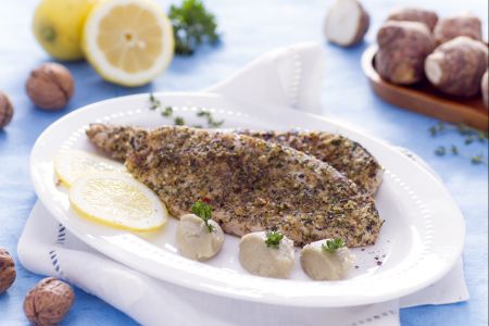 Zwaardvis in korst met aardpeerpuree