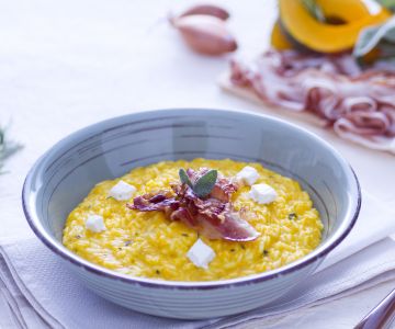 Pompoenrisotto met Robiola en Krokante Spek