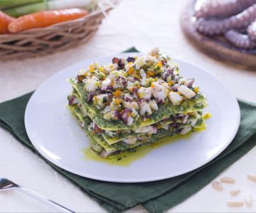 Groene lasagne met rucola pesto en octopus ragu