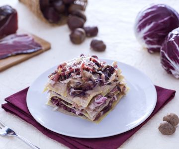 Lasagne met radicchio, kastanjecrème en spek