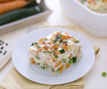Lasagne van brood met kaas en groente-ragout