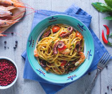 Bavette met octopus en garnalen