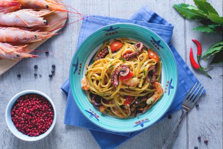 Bavette met octopus en garnalen