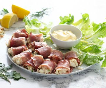 Kabeljauwhapjes met spek