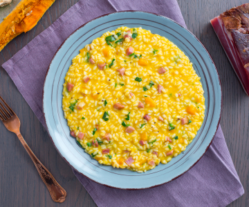 Risotto met pompoen en spek