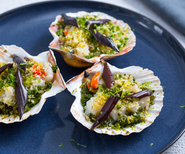 Gegratineerde sint-jakobsschelpen met aubergine