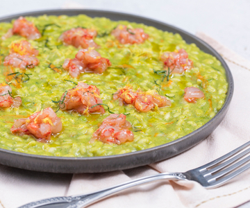 Risotto met courgettecrème en rauwe garnalen