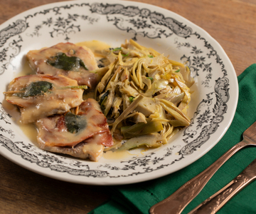 Saltimbocca van zwaardvis met artisjokken
