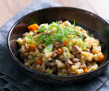 Pasta met venusschelpen, pompoen en paddenstoelen