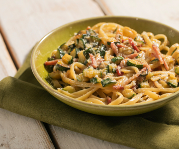 Pasta met courgette, speck en gorgonzola
